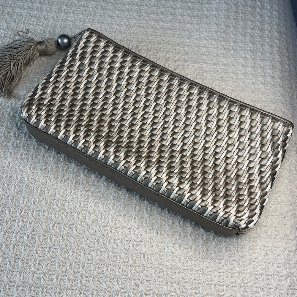 Ganson San Francisco woven clutch purse, golden, silver, cream & tan, very clean